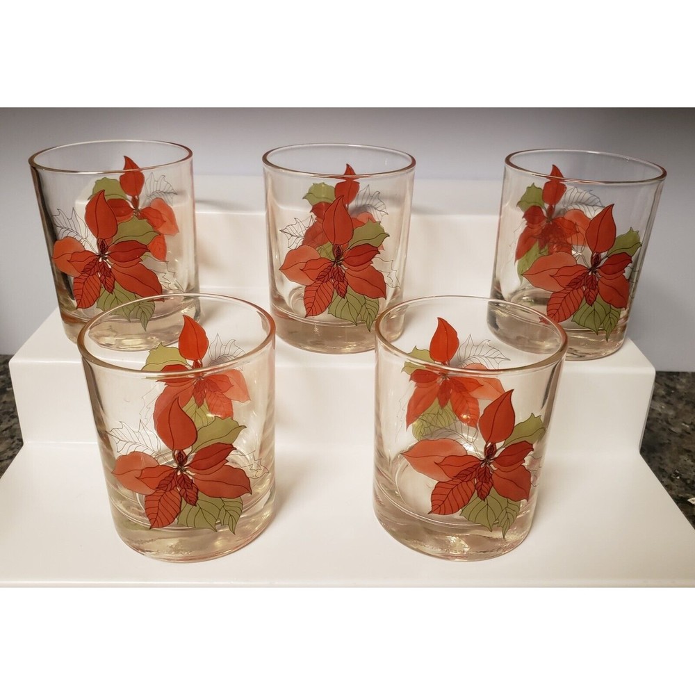 Set of 5 Poinsettia Vintage Glasses Christmas Crisal Portugal